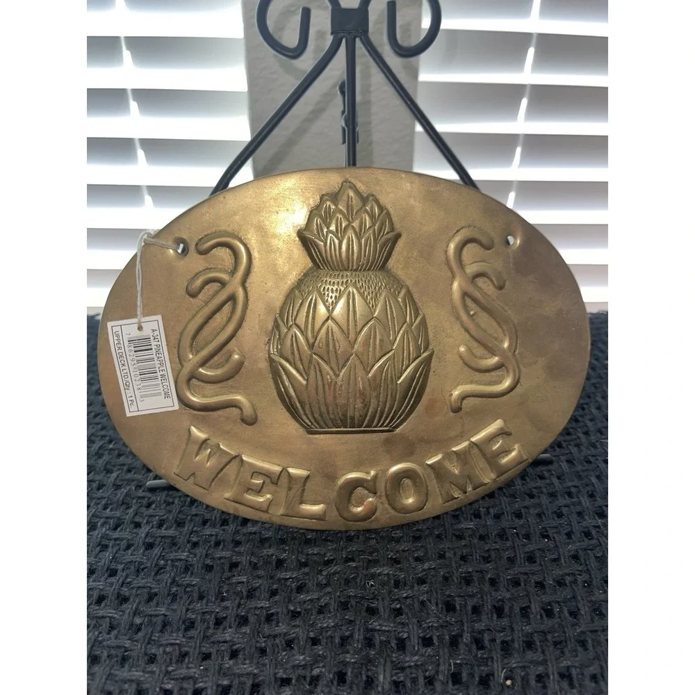 Vintage New Old Stock Brass Pineapple Decor Welcome Hanging Sign Embossed